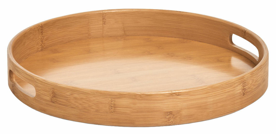 Rundes Serviertablett aus Holz mit seitlichen Griffen, Perspektive leicht von oben