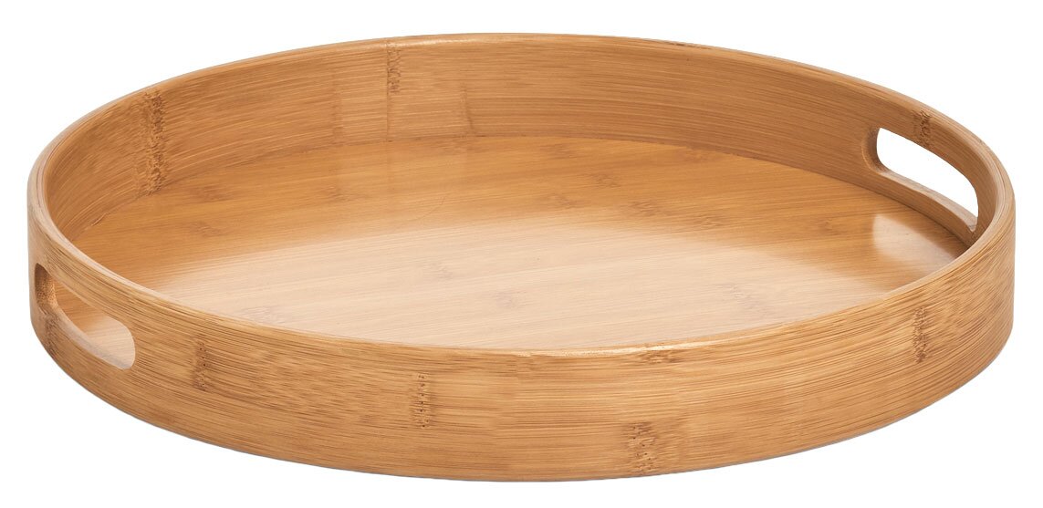 Rundes Serviertablett aus Holz mit seitlichen Griffen, Perspektive leicht von oben