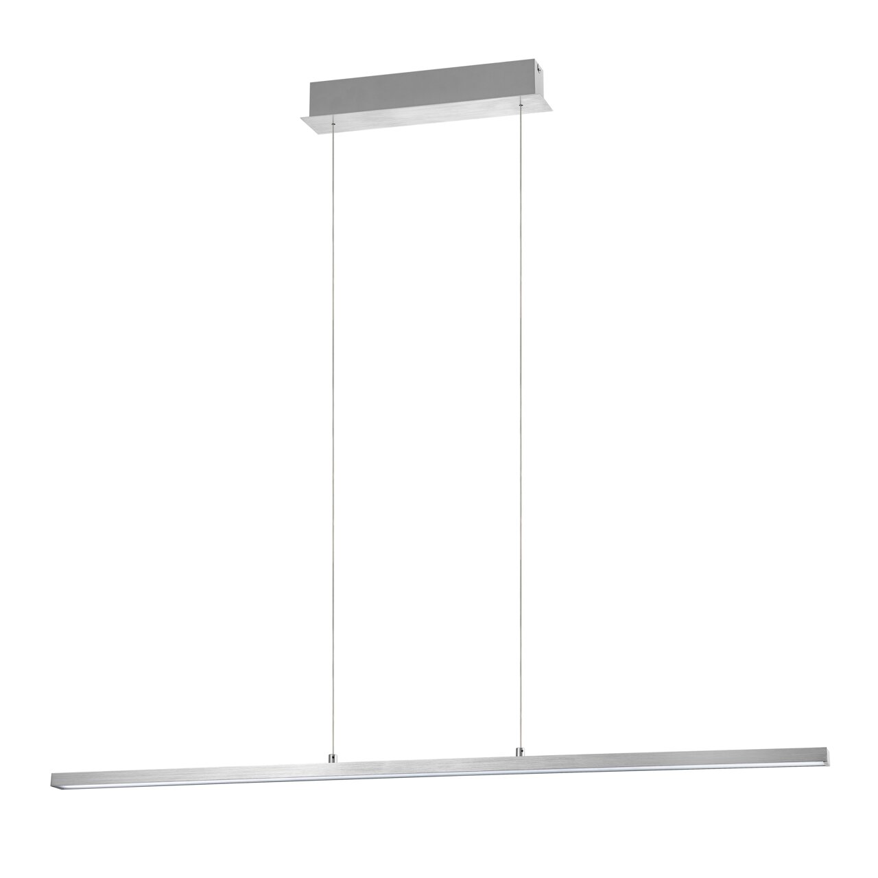Moderne, slanke LED-hanglamp in zilver/aluminiumlook met een lange, lineaire lichtbundel, opgehangen aan twee kabels, en een rechthoekige plafondkap; vooraanzicht van het product tegen een witte achtergrond.