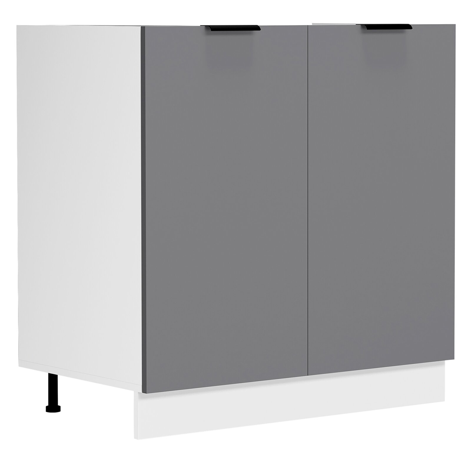 VCM Spülschrank 80 cm FASOLA Zweifarbiger Unterschrank mit zwei grauen Türen, weißem Korpus und schwarzen Griffen, freigestellt auf weißem Hintergrund, in frontaler Ansicht mit leichter Perspektive von links.