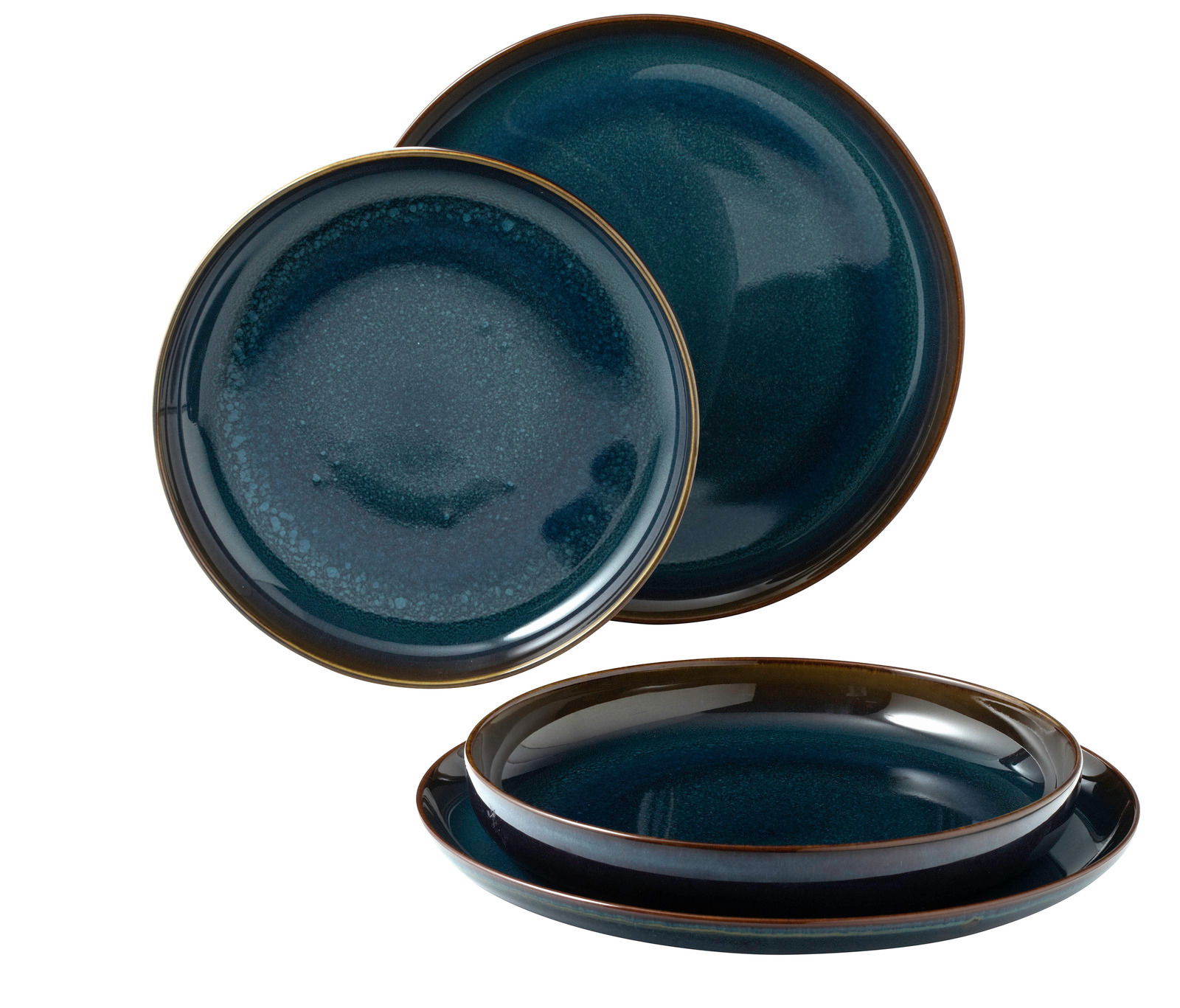 Tafelset 4-teilig in Denim-Blau, bestehend aus zwei großen und zwei kleinen Tellern, aus seitlicher Perspektive fotografiert.