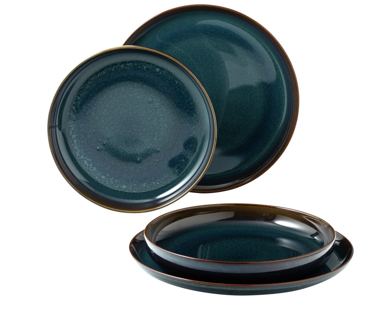 Tafelset 4-teilig in Denim-Blau, bestehend aus zwei großen und zwei kleinen Tellern, aus seitlicher Perspektive fotografiert.