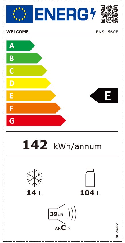 Energieeffizienzlabel für ein Küchengerät mit der Klasse E, 142 kWh pro Jahr, 14 Liter Gefrierfach, 104 Liter Kühlfach, 39 dB Lautstärke. Frontalansicht.