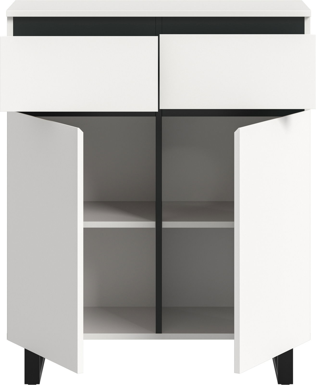 Weiße Kommode mit zwei offenen Schubladen und zwei offenen Türen, die den Innenraum mit Regalböden zeigen, frontale Perspektive