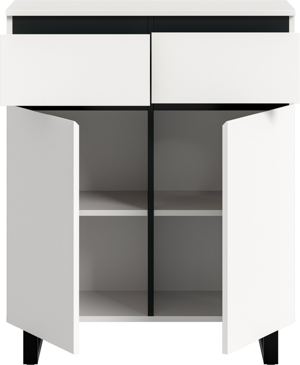 Weiße Kommode mit zwei offenen Schubladen und zwei offenen Türen, die den Innenraum mit Regalböden zeigen, frontale Perspektive