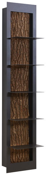 Regalelement mit Baumrindenrückwand, seitliche Perspektive