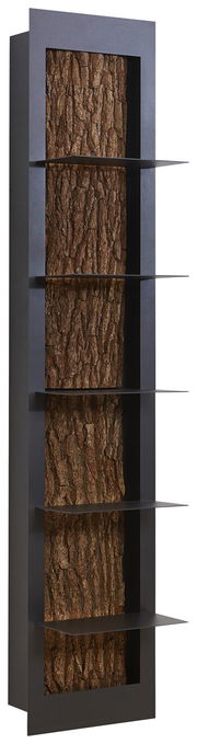 Regalelement mit Baumrindenrückwand, seitliche Perspektive