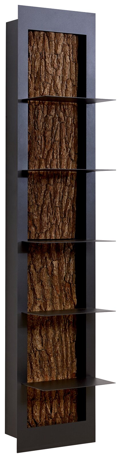 Regalelement mit Baumrindenrückwand, seitliche Perspektive