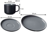 Kaffee-Set Jasper 12-tlg. in Schwarz, bestehend aus einer Tasse mit 240 ml Fassungsvermögen, einem Unterteller mit 15 cm Durchmesser und einem Teller mit 19 cm Durchmesser. Ansicht von der Seite.