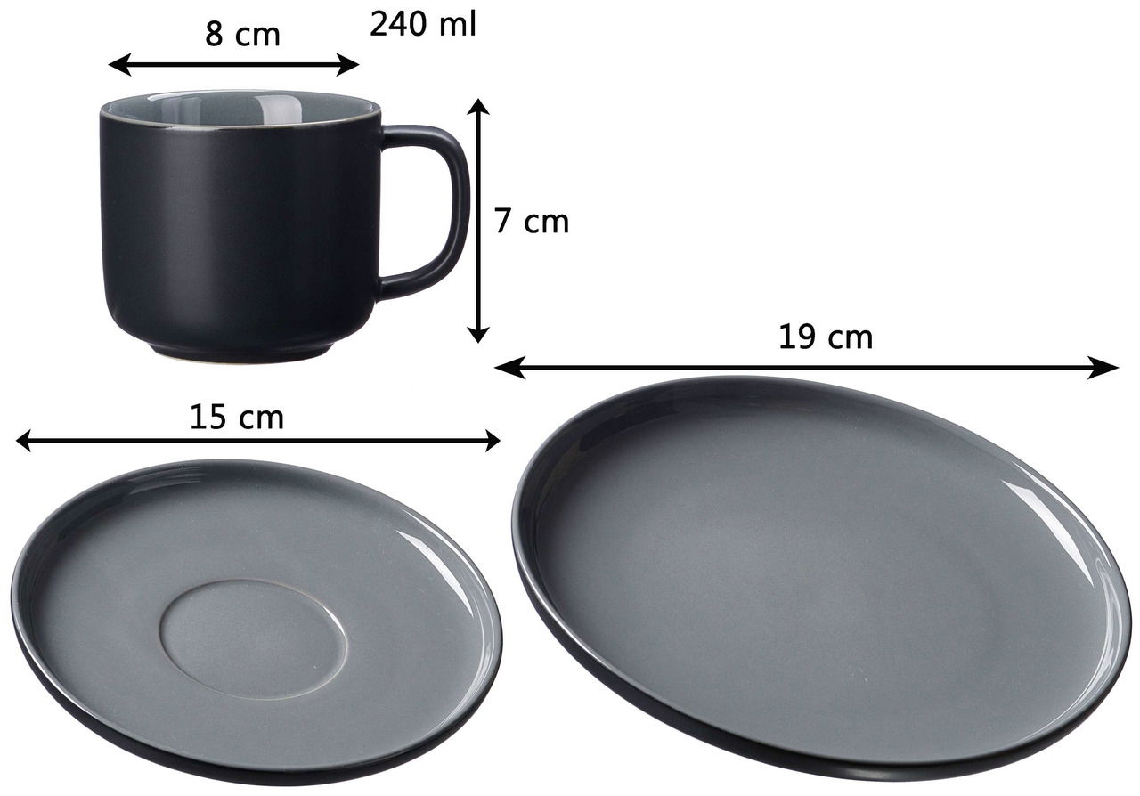 Ritzenhoff & Breker Kaffee-Set 12-tlg. JASPER Kaffee-Set Jasper 12-tlg. in Schwarz, bestehend aus einer Tasse mit 240 ml Fassungsvermögen, einem Unterteller mit 15 cm Durchmesser und einem Teller mit 19 cm Durchmesser. Ansicht von der Seite.