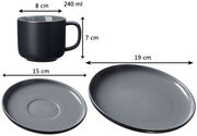Kaffee-Set Jasper 12-tlg. in Schwarz, bestehend aus einer Tasse mit 240 ml Fassungsvermögen, einem Unterteller mit 15 cm Durchmesser und einem Teller mit 19 cm Durchmesser. Ansicht von der Seite.