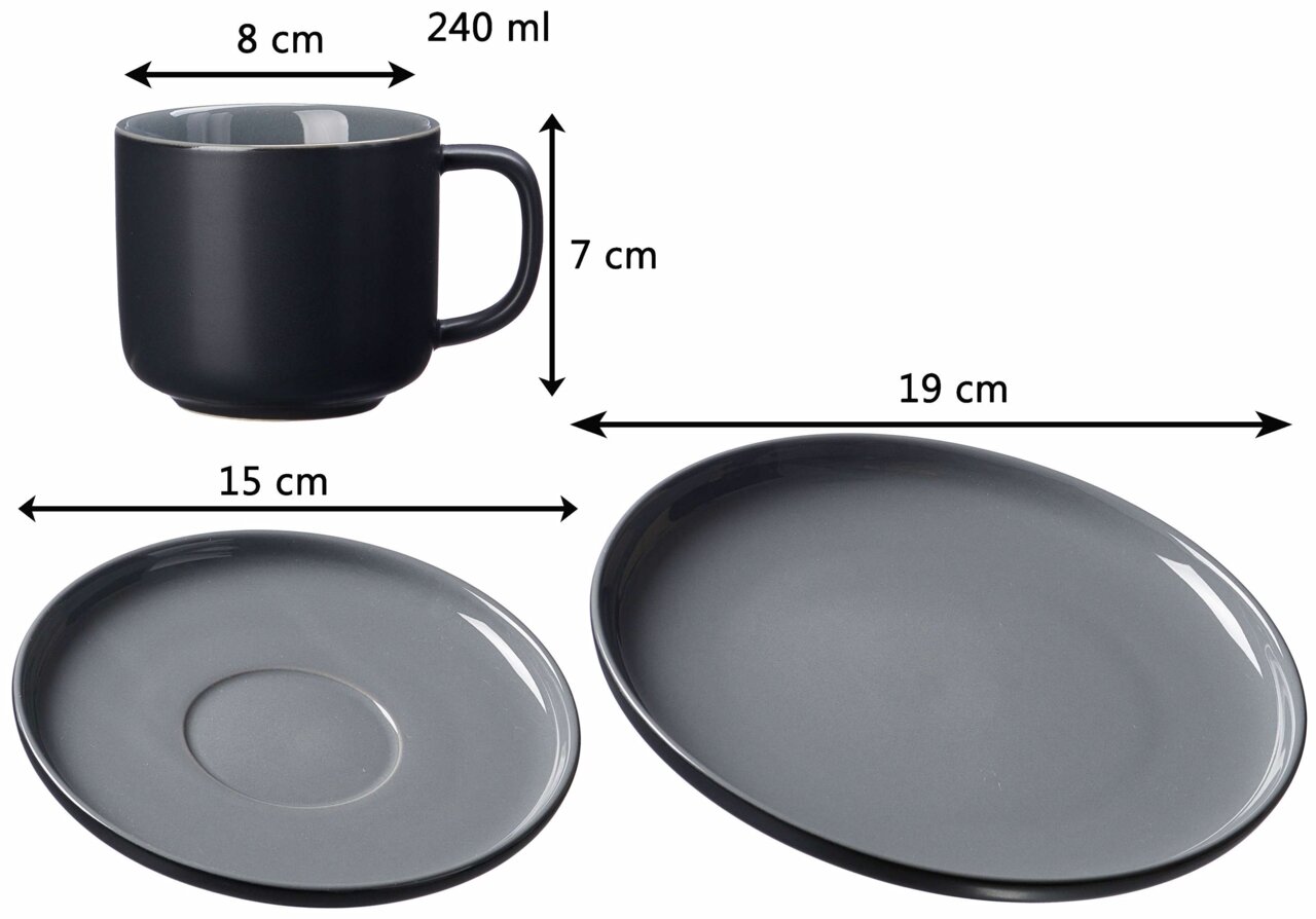 Kaffee-Set Jasper 12-tlg. in Schwarz, bestehend aus einer Tasse mit 240 ml Fassungsvermögen, einem Unterteller mit 15 cm Durchmesser und einem Teller mit 19 cm Durchmesser. Ansicht von der Seite.
