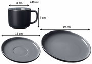 Kaffee-Set Jasper 12-tlg. in Schwarz, bestehend aus einer Tasse mit 240 ml Fassungsvermögen, einem Unterteller mit 15 cm Durchmesser und einem Teller mit 19 cm Durchmesser. Ansicht von der Seite.