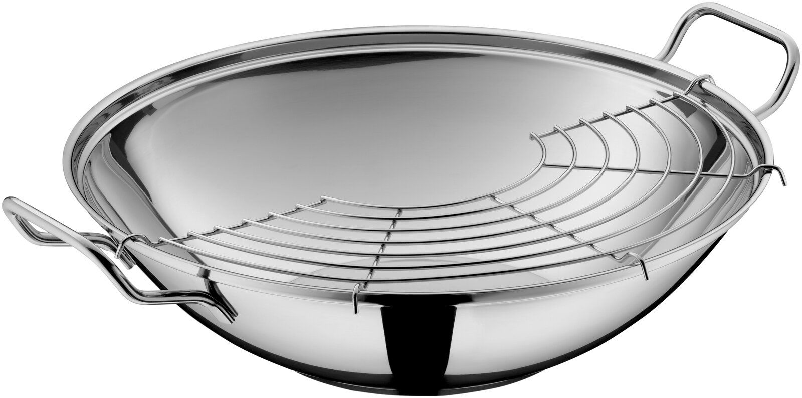 Edelstahl-Wok mit abnehmbarem Gittereinsatz, seitliche Perspektive
