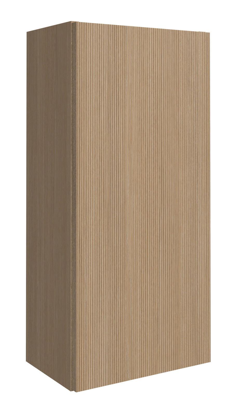 Hängeschrank aus Holz mit vertikaler Rillenstruktur, seitliche Perspektive
