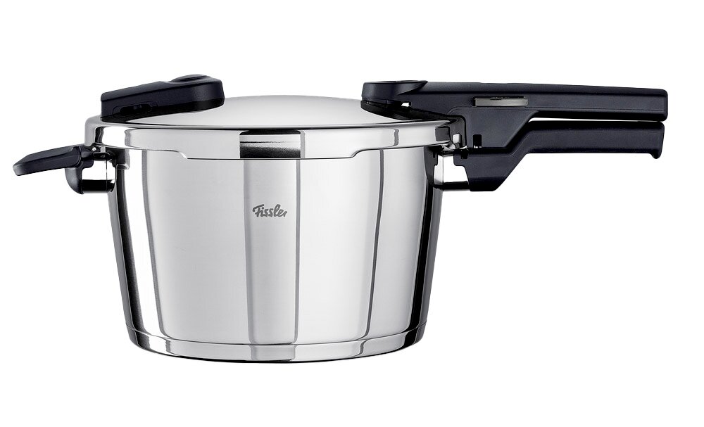 Fissler Schnellkochtopf VITAQUICK Schnellkochtopf Vitaquick 4,5l aus Edelstahl, seitliche Ansicht mit geschlossenem Deckel und schwarzen Griffen