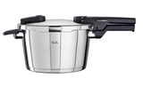 Schnellkochtopf Vitaquick 4,5l aus Edelstahl, seitliche Ansicht mit geschlossenem Deckel und schwarzen Griffen
