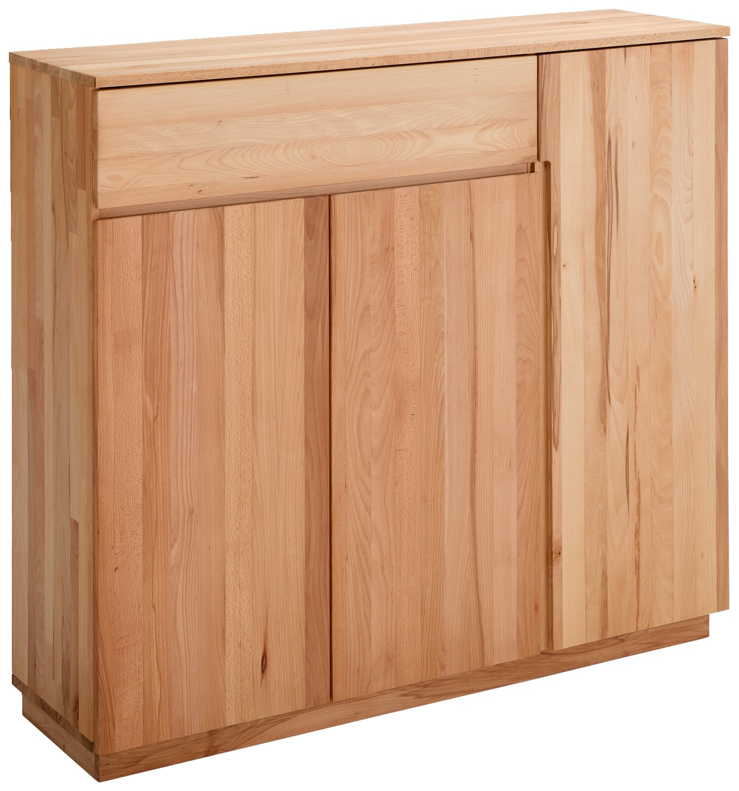 Linea Natura XL-Schuhschrank LINEA Massive Holz-Kommode mit zwei Schiebetüren und natürlicher Maserung, freigestellt, in leichter Frontansicht von links.