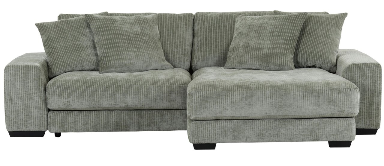 Graues Ecksofa mit mehreren Kissen, Vorderansicht