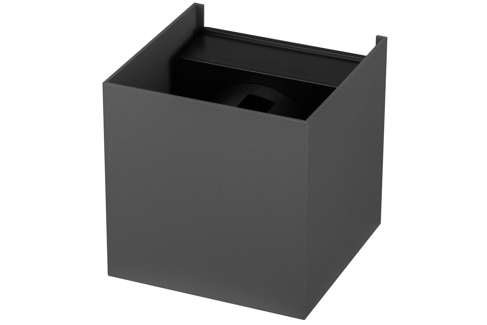 Moderne LED-Wandleuchte in anthrazitfarbener, kubischer Form, seitliche Perspektive