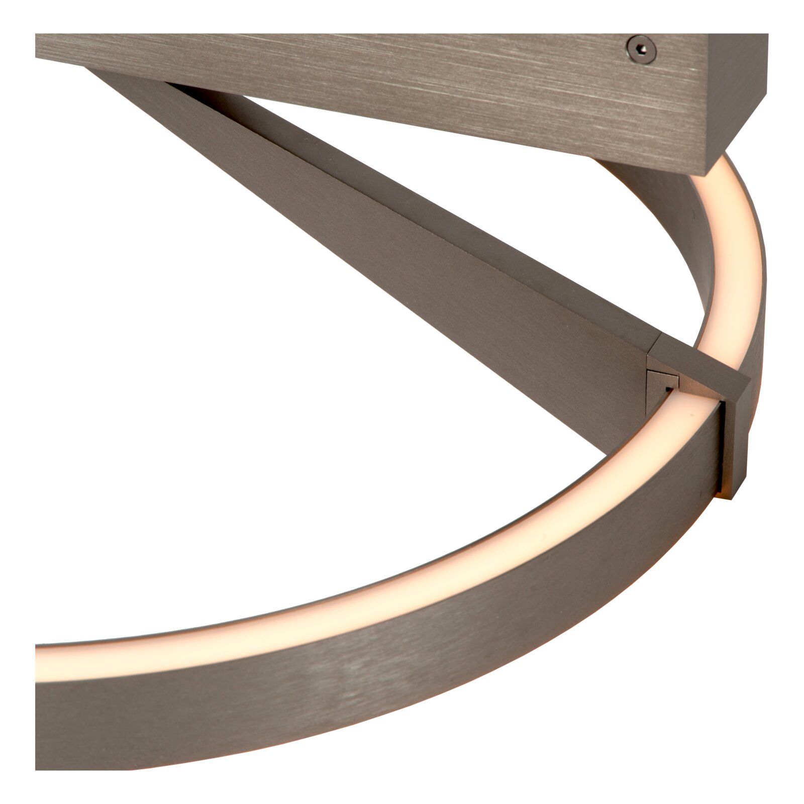 Lucide LED-Deckenleuchte APPLAUSE Detailaufnahme einer modernen LED-Deckenleuchte mit ringförmigem, gebürstetem Metallrahmen in Dunkelgrau und warmweißem Lichtband, schräg von unten fotografiert