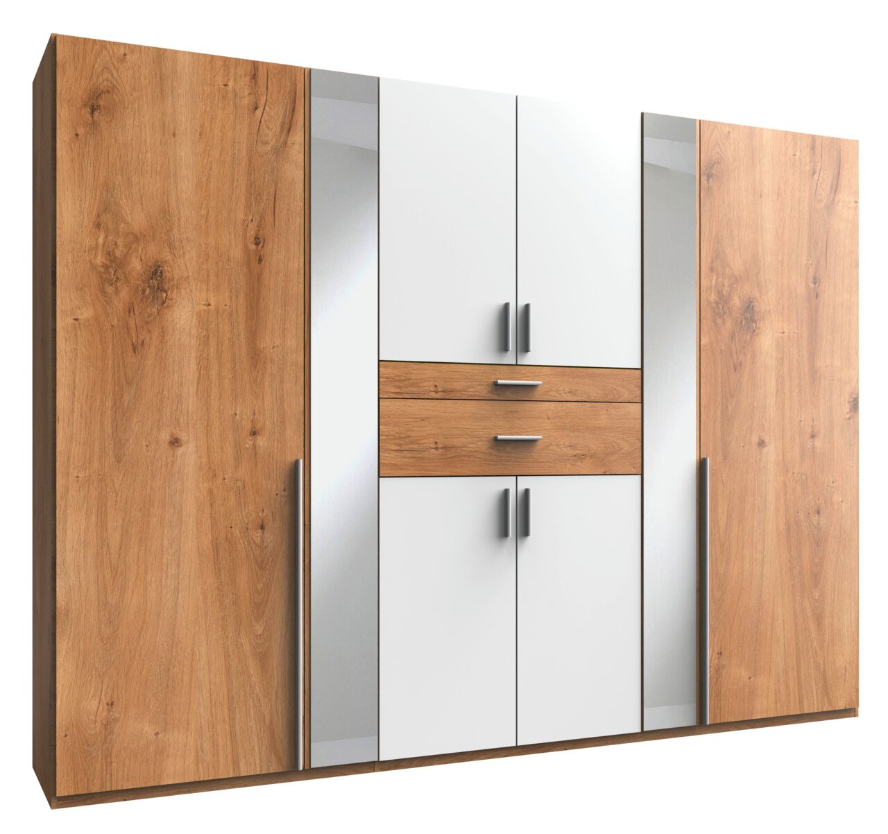 Z2 Kast met draaideuren, 8 deuren ODESSA 8-türiger Drehtürenschrank mit Holz- und Spiegelelementen, Frontalansicht