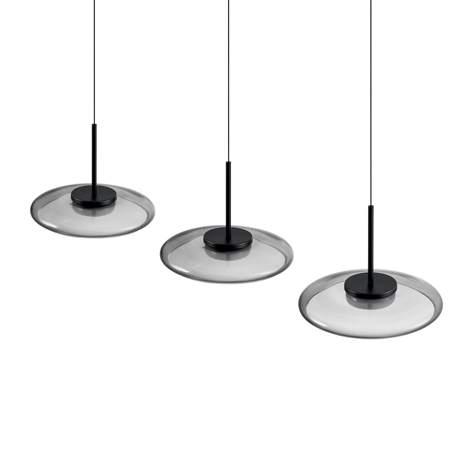 Drei moderne Pendelleuchten mit flachem, transparent rauchgrauem Glasschirm und schwarzer Aufhängung, in leichter Draufsicht auf weißem Hintergrund