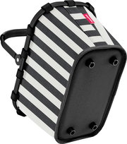 Schwarz-weiß gestreifte Reisenthel-Tasche mit stabilem Rahmen und Tragegriff, schräg von unten/seitlich fotografiert, Boden mit vier Standfüßen sichtbar.