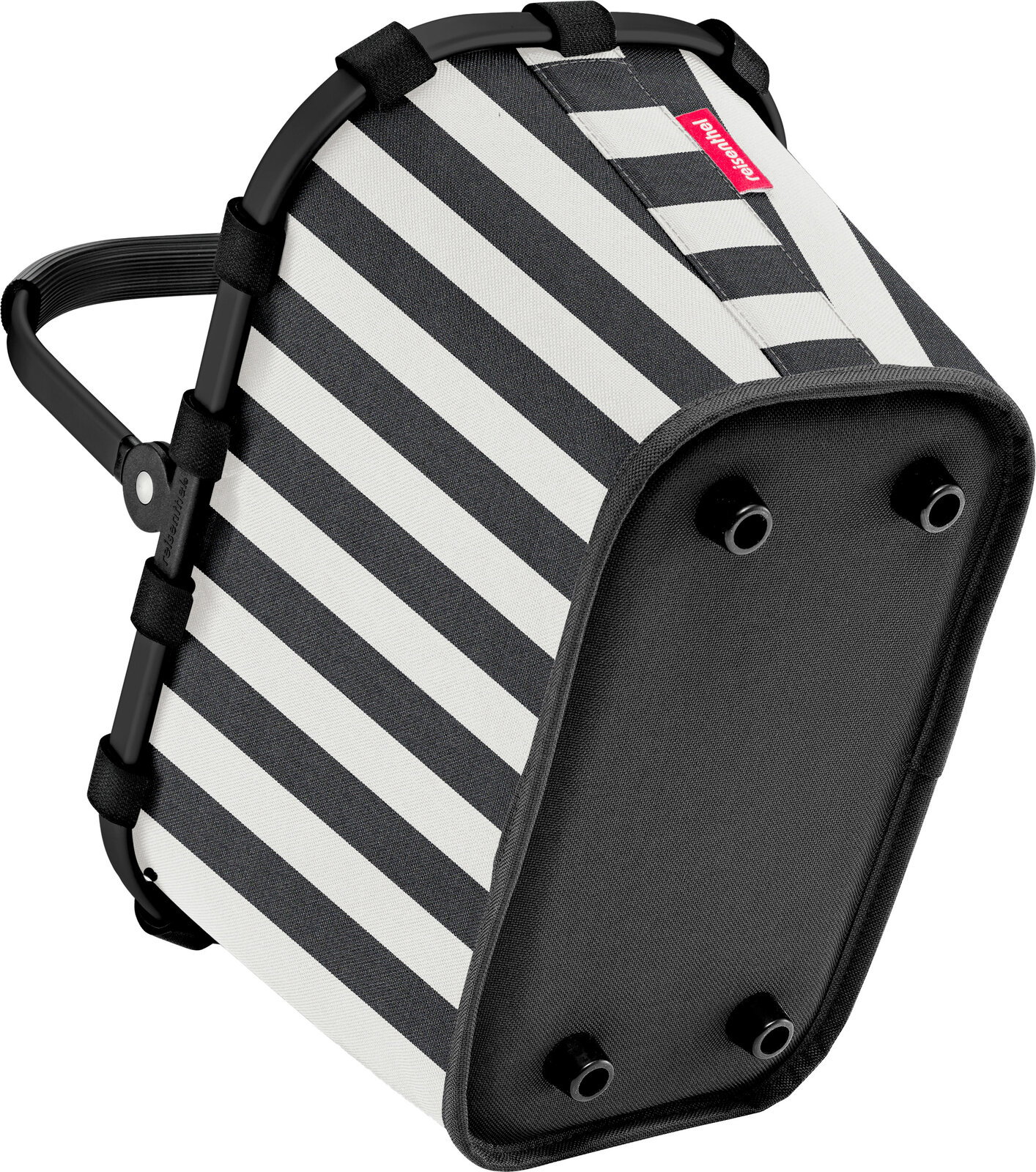 Schwarz-weiß gestreifte Reisenthel-Tasche mit stabilem Rahmen und Tragegriff, schräg von unten/seitlich fotografiert, Boden mit vier Standfüßen sichtbar.