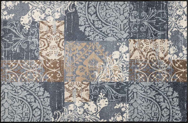 Fußmatte Armonia grey mit floralem und geometrischem Muster in Grautönen, Braun und Beige, Draufsicht