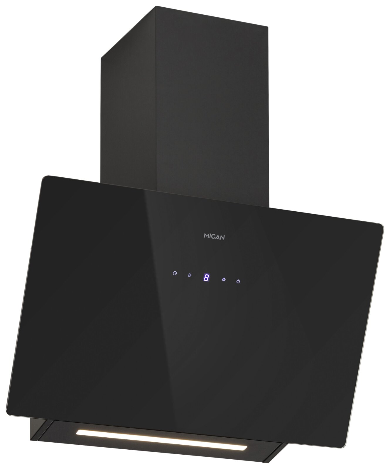 Zwarte schuine wandafzuigkap met glazen front, MICAN-logo, touchbediening met digitaal display en LED-lichtbalk, weergegeven in vooraanzicht met lichte hoek van links
