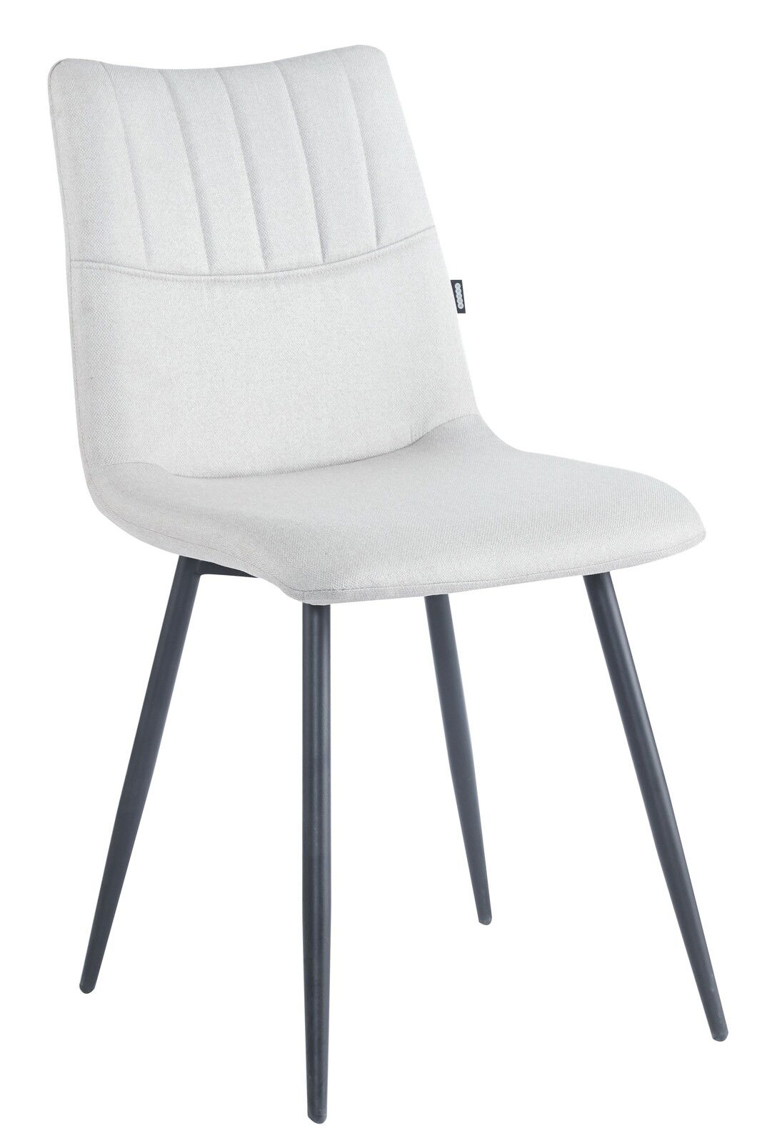 BOXXX Stuhl COURTNEY Moderner Stuhl mit hellgrauem Stoffbezug und schwarzen Metallbeinen, seitliche Perspektive