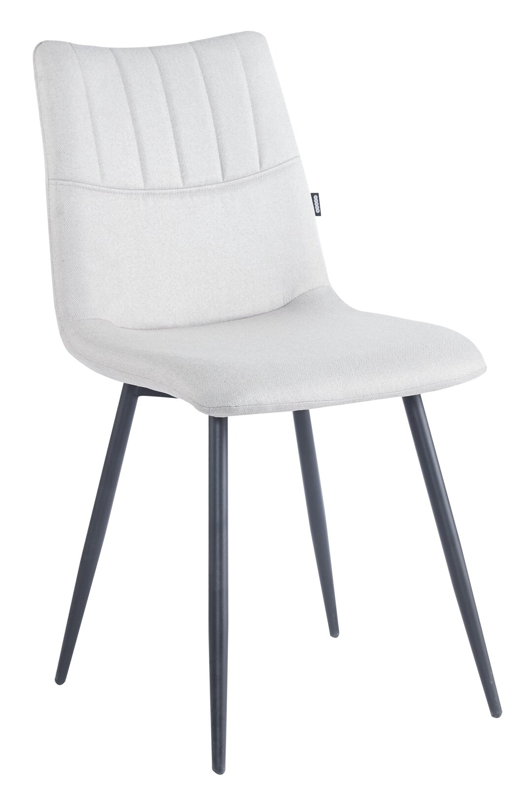 Moderner Stuhl mit hellgrauem Stoffbezug und schwarzen Metallbeinen, seitliche Perspektive