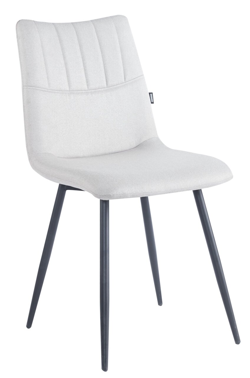 BOXXX Stuhl COURTNEY Moderner Stuhl mit hellgrauem Stoffbezug und schwarzen Metallbeinen, seitliche Perspektive