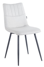 Moderner Stuhl mit hellgrauem Stoffbezug und schwarzen Metallbeinen, seitliche Perspektive