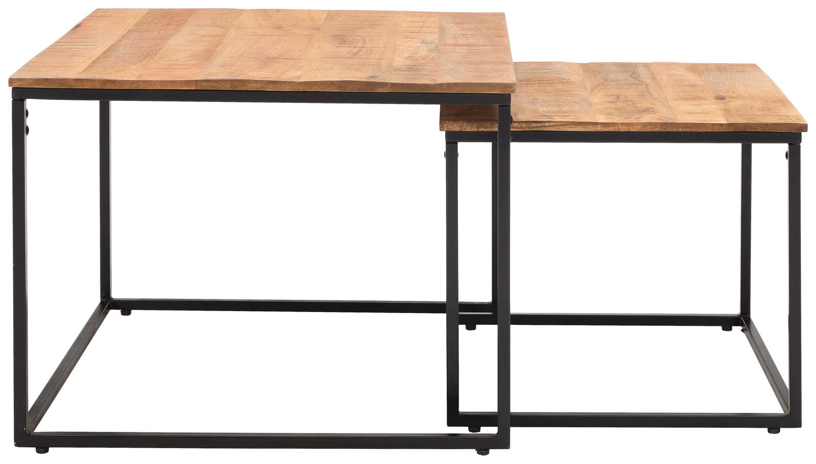 Zweier-Set eckiger Beistelltische aus Holz mit Metallrahmen, seitliche Perspektive