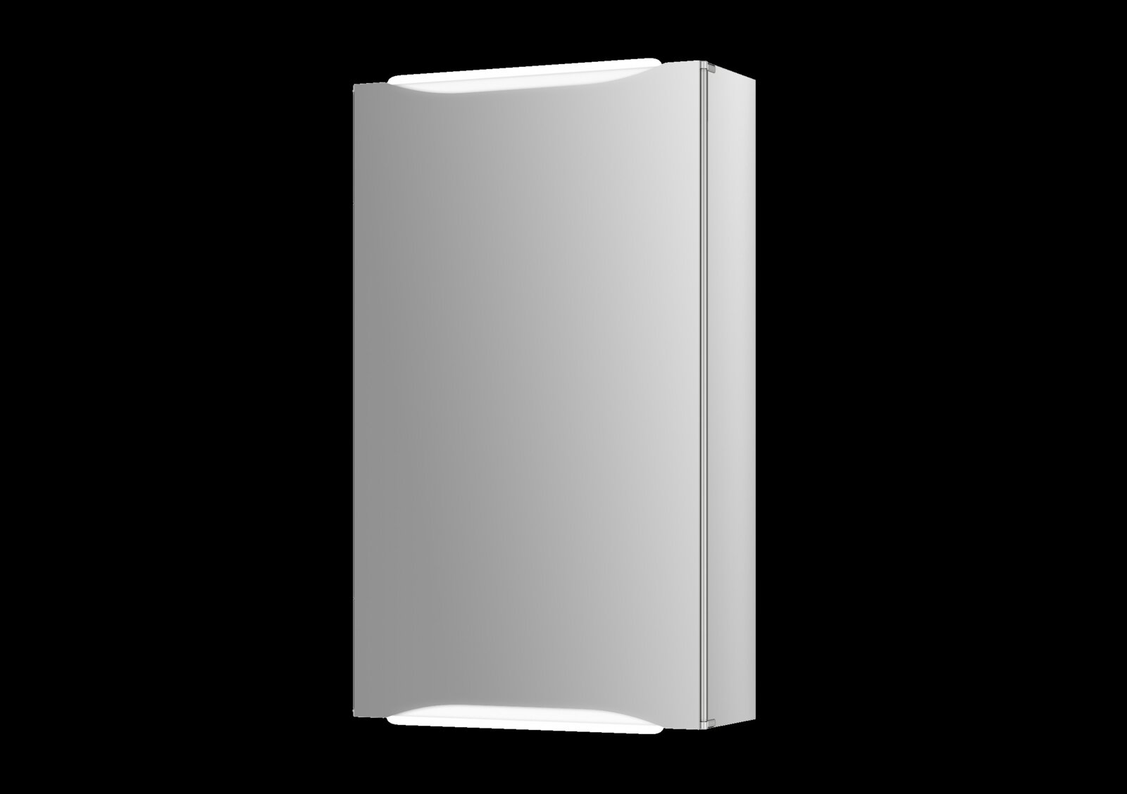 Silberner, geschlossener Kühlschrank mit abgerundeter Front, freigestellt auf schwarzem Hintergrund, Ansicht schräg von vorn rechts.