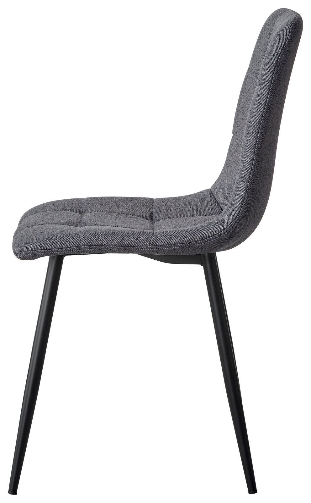 Seitenansicht eines modernen, grauen Stuhls mit gepolsterter Sitzfläche und schwarzen Metallbeinen.
