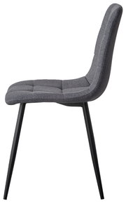 Seitenansicht eines modernen, grauen Stuhls mit gepolsterter Sitzfläche und schwarzen Metallbeinen.