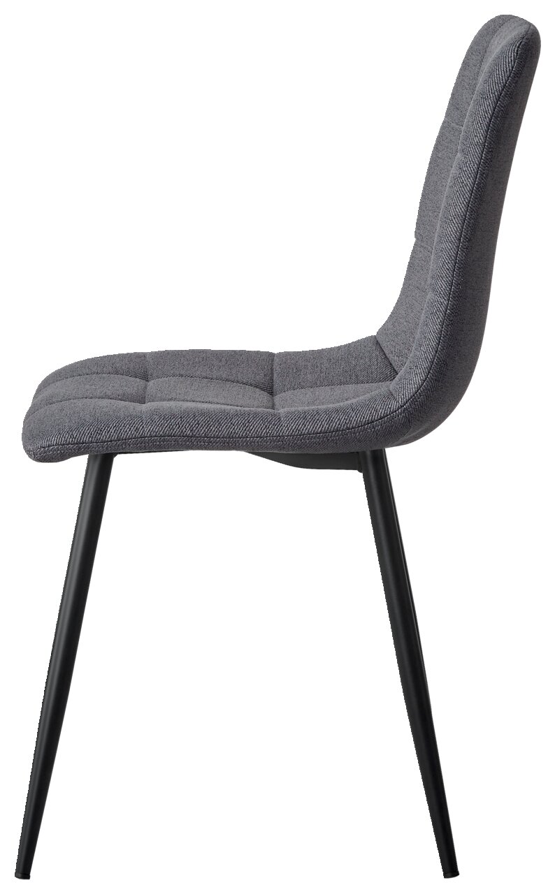 Seitenansicht eines modernen, grauen Stuhls mit gepolsterter Sitzfläche und schwarzen Metallbeinen.