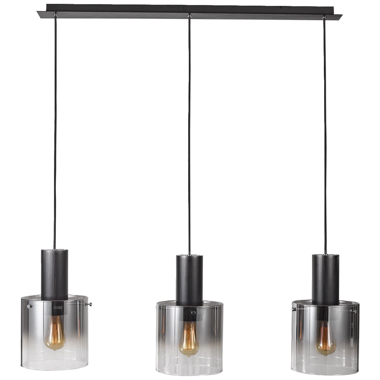 Dreiflammige Pendelleuchte Beth mit zylindrischen, rauchgrauen Glasschirmen, frontal betrachtet.