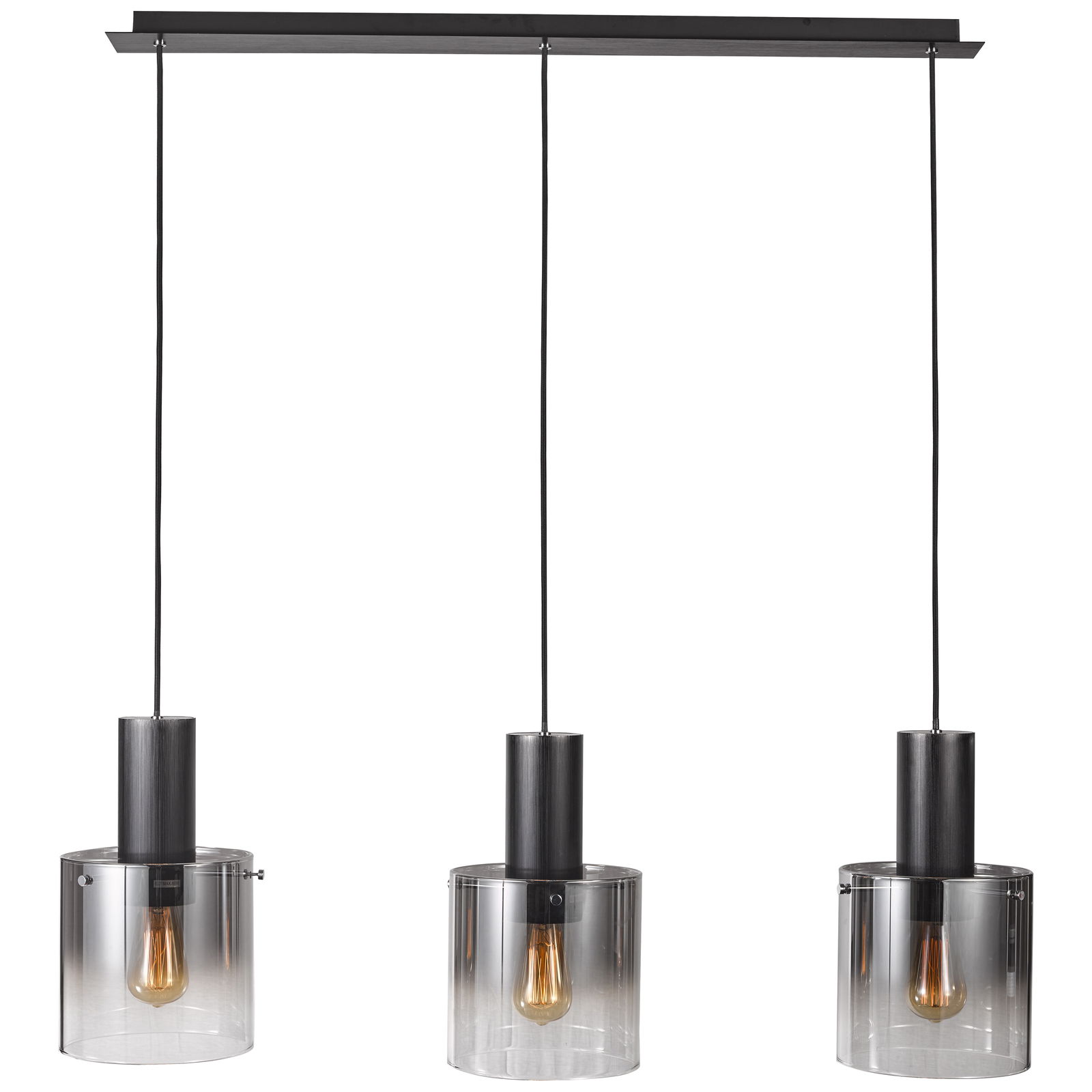 Dreiflammige Pendelleuchte Beth mit zylindrischen, rauchgrauen Glasschirmen, frontal betrachtet.
