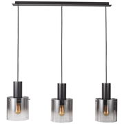 Dreiflammige Pendelleuchte Beth mit zylindrischen, rauchgrauen Glasschirmen, frontal betrachtet.