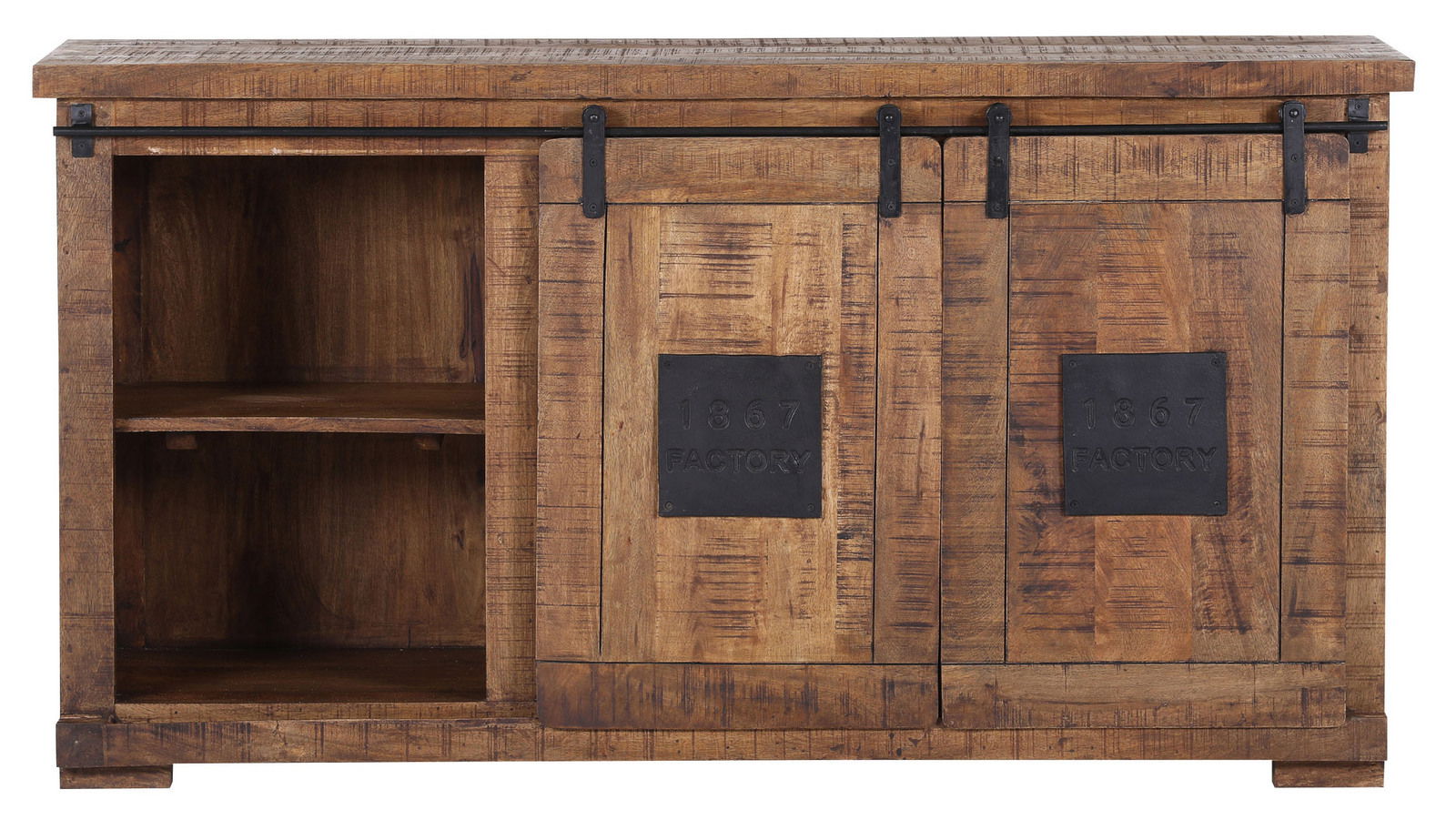 Rustikales Sideboard aus Holz mit Schiebetüren und Metallakzenten, Frontalansicht