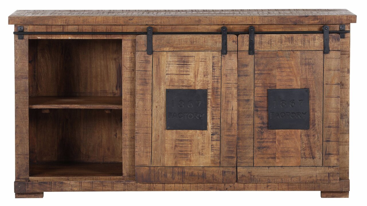 Rustikales Sideboard aus Holz mit Schiebetüren und Metallakzenten, Frontalansicht