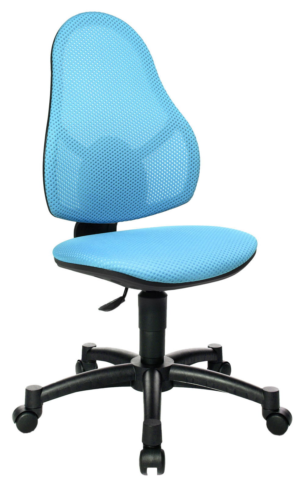 Blauer Drehstuhl mit ergonomischer Rückenlehne und schwarzem Fußkreuz, seitliche Perspektive