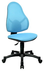 Blauer Drehstuhl mit ergonomischer Rückenlehne und schwarzem Fußkreuz, seitliche Perspektive