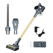 Invictus X8 Pro Staubsauger Set, bestehend aus einem goldenen kabellosen Staubsauger mit Zubehör, Ladegerät und Wandhalterung, seitliche Perspektive.