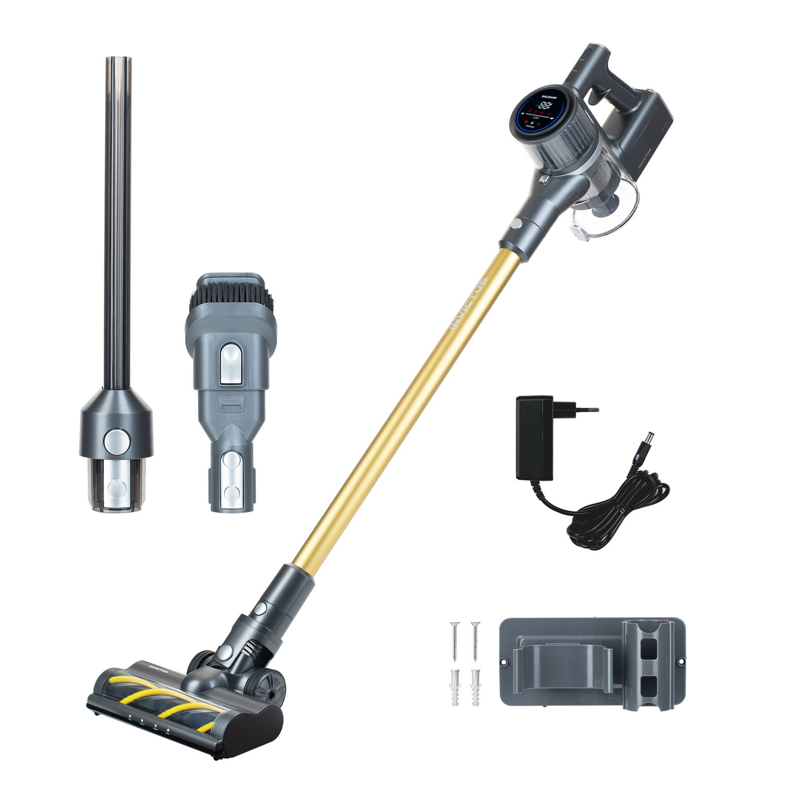 Invictus X8 Pro Staubsauger Set, bestehend aus einem goldenen kabellosen Staubsauger mit Zubehör, Ladegerät und Wandhalterung, seitliche Perspektive.