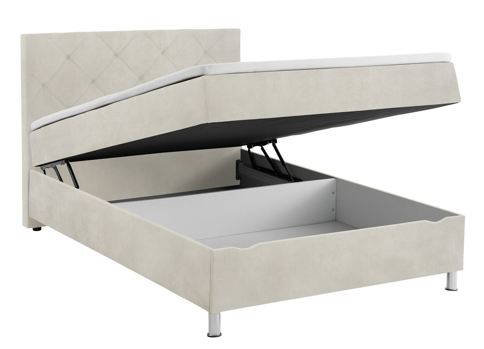 Boxbett mit hochgeklappter Matratze und Stauraum, seitliche Perspektive